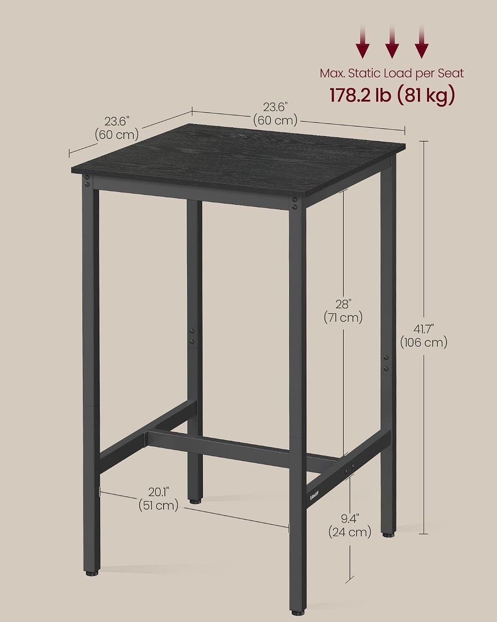 VASAGLE Bar Table, High Top Pub Table, Square, Metal Frame
