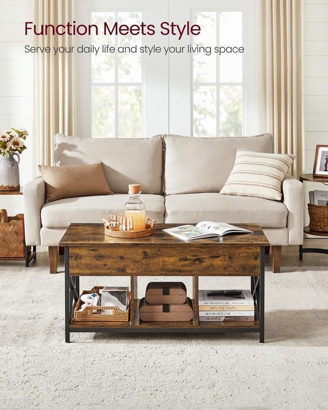 VASAGLE Lift Top Coffee Table with Storage Shelf, 3 Compartments