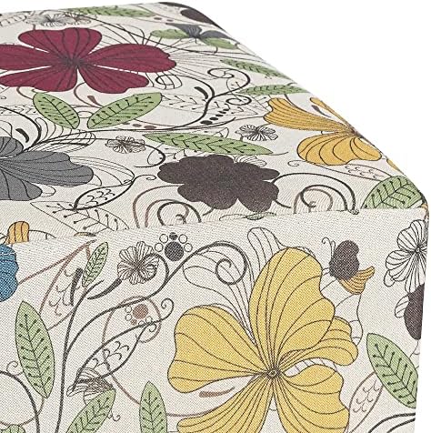 Adeco Floral Printed Linen Ottoman, 16.3" Upholstered Cube Foot Stool with Wood Legs, Small Accent Footrest for Living Room, Bedroom Vanity, and Under Desk - Burnt Orange & Blue