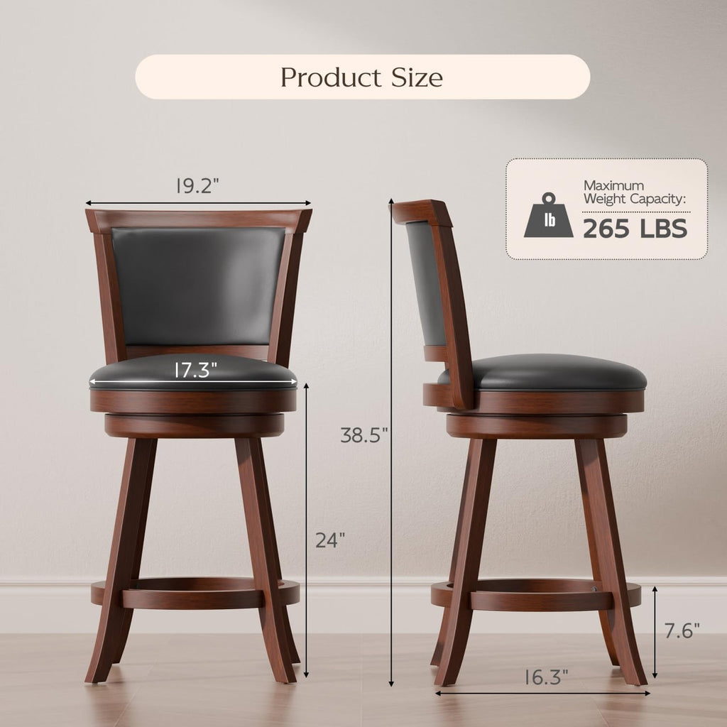 Bar Stools Set of 2, 24" Counter Height Island Chairs, Walnut