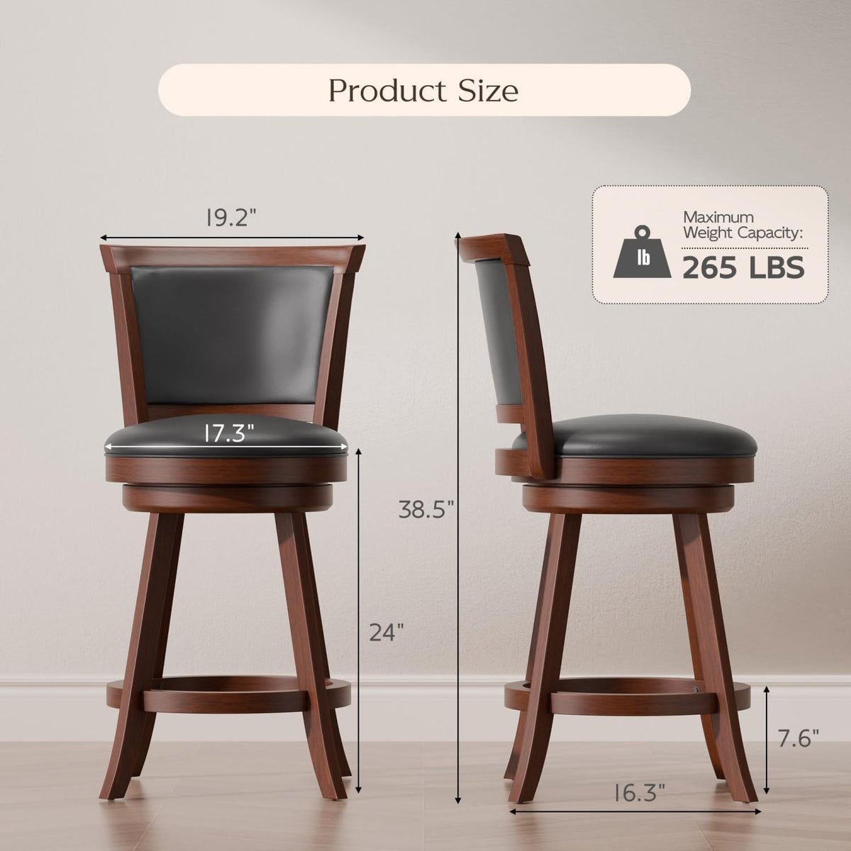 Bar Stools Set of 2, 24" Counter Height Island Chairs, Walnut