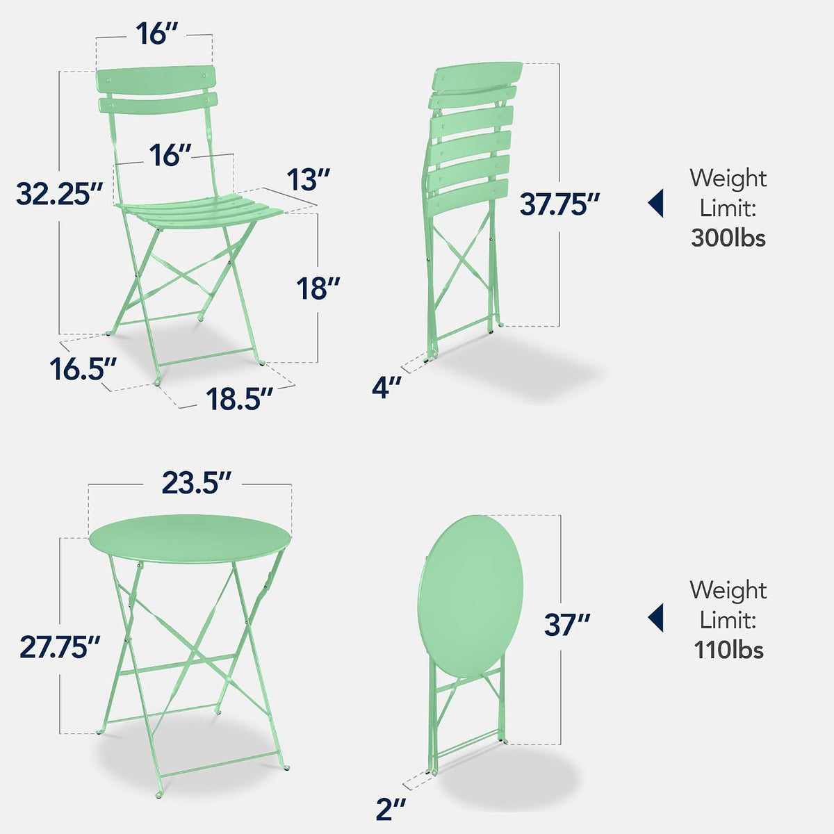Best Choice Products 3-Piece Bistro Set, Space Saving Folding Design, Solid Steel, Outdoor Patio Furniture Set w/ 2 Chairs, Bistro Table - Mint Green