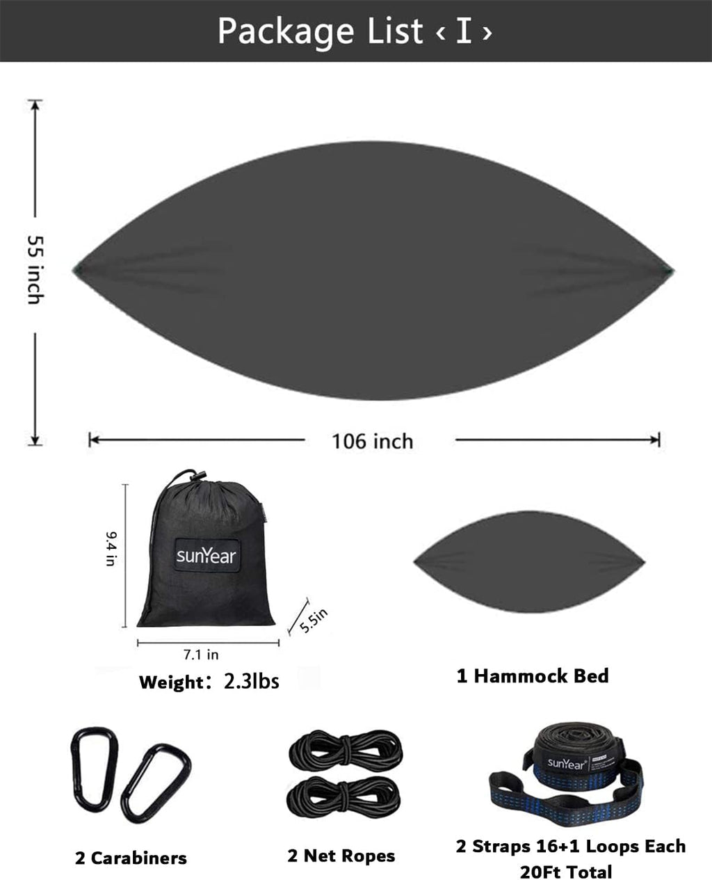 Sunyear Hammock Camping with Rain Fly Tarp and Net, Portable Camping Hammock Double Tree Hammock Outdoor Indoor Backpacking Travel & Survival, 2 Tree Straps,100% Waterproof Black Bundle