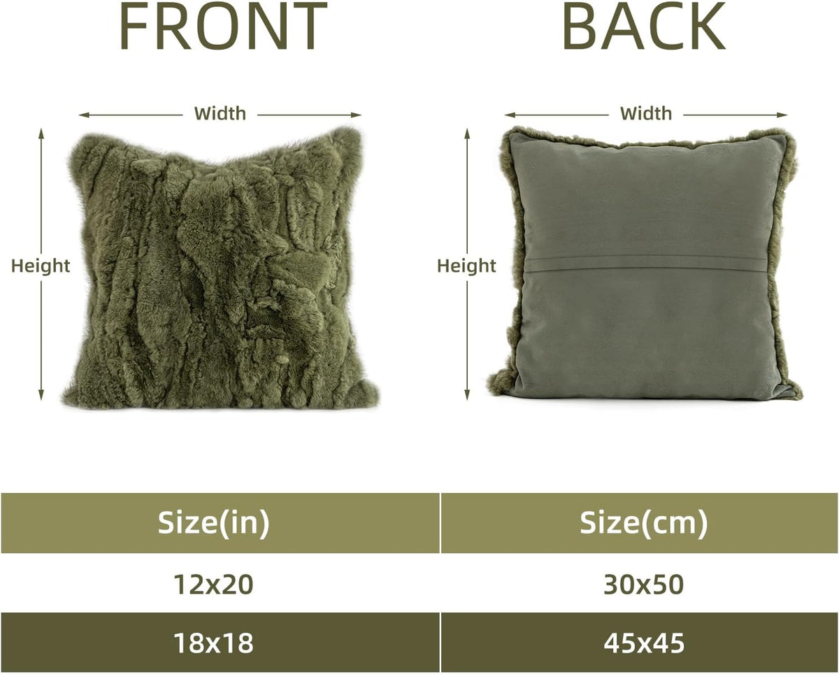 MOOX Rabbit Fur Throw Pillow Covers Decorative Fluffy Soft Fuzzy Plush Luxury Genuine Animal Skin Lumbar Pillow 18"x18" Cushion Cover, Dark Green