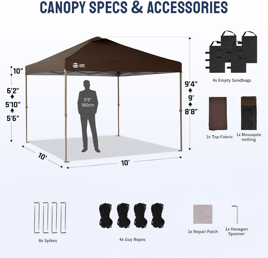 CROWN SHADES Gazebo 10x10 Pop Up Canopy with Mosquito Netting, Coffee