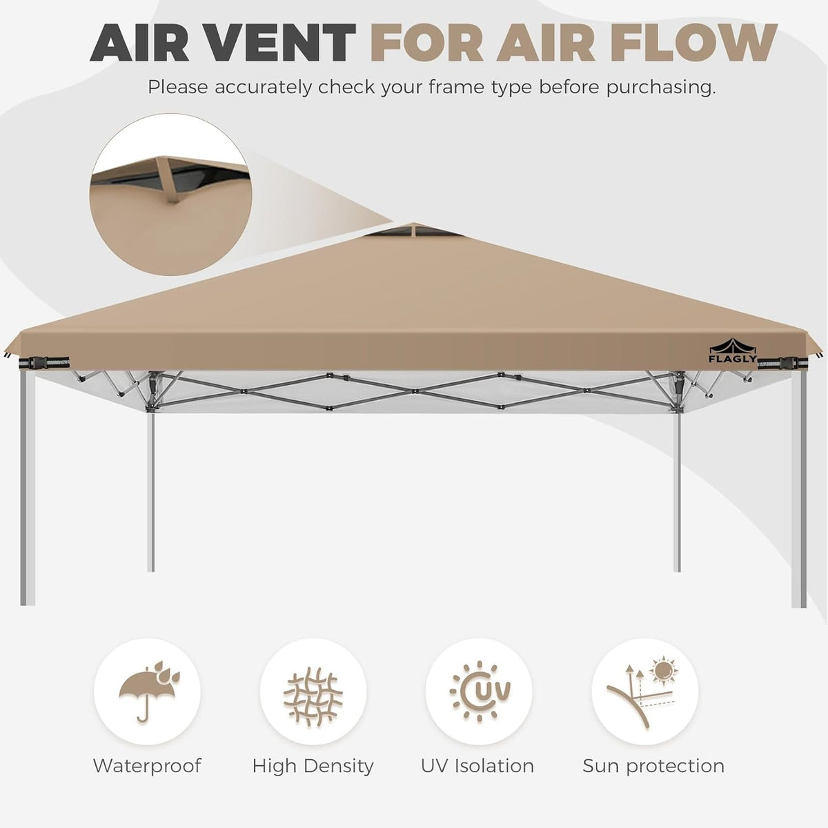 10x10ft Replacement Canopy Top with Air Vent, Waterproof & UV Protection Canopy Tent Top Cover for Straight Leg Canopy Frame - for Outdoor, Patio, Event, Trade Show (Khaki, 10x10ft)