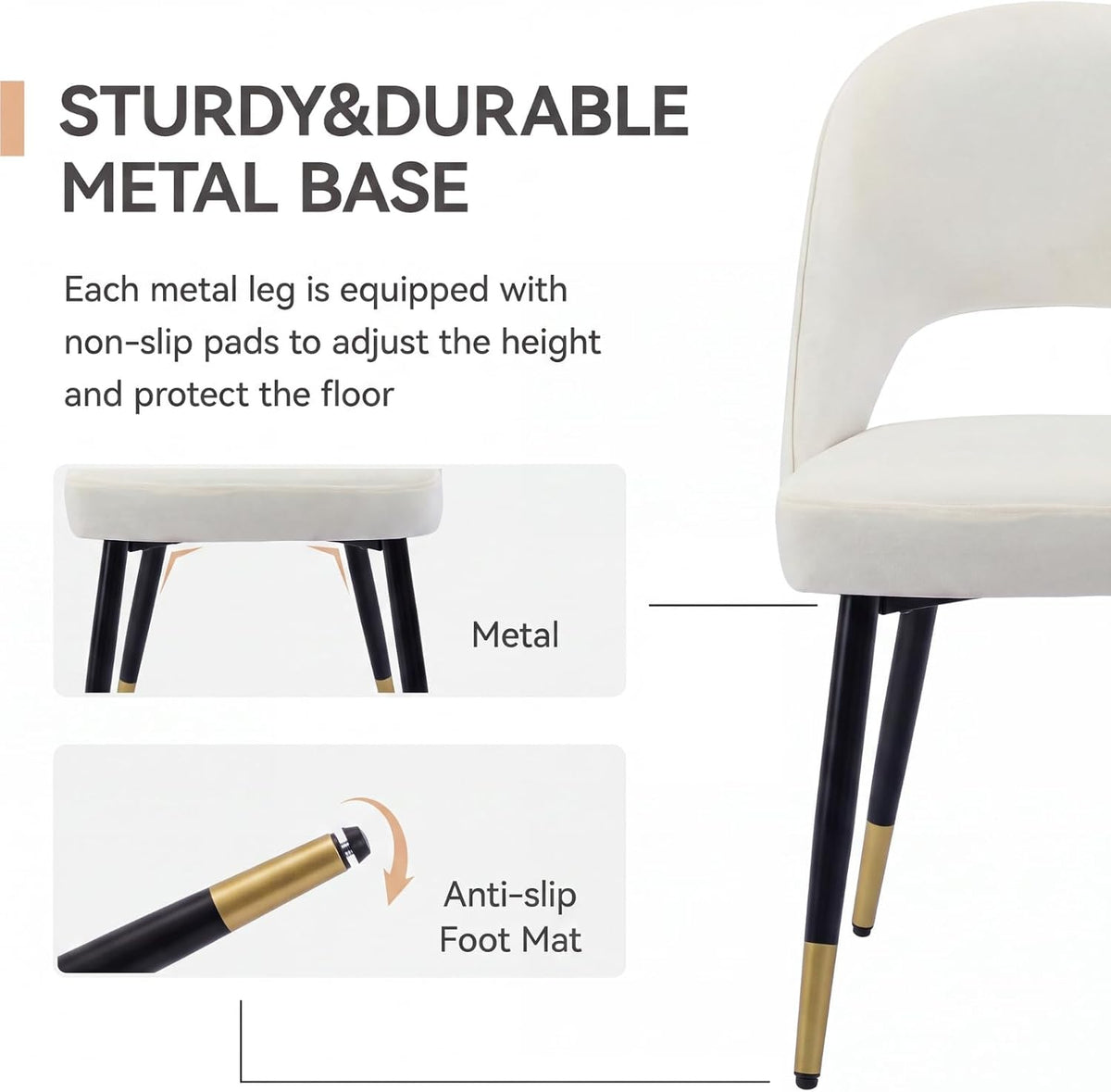 DUOMAY Modern Dining Chair Set of 2 with Open Back, Velvet Upholstered Armless Chair with Metal Frame Side Chair for Kitchen Dining Room Living Room, Beige