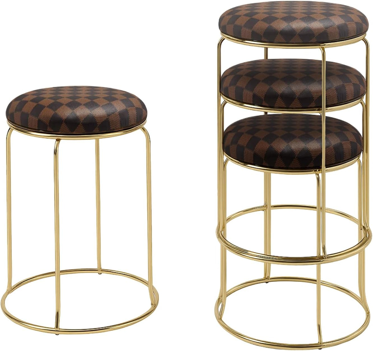 Kings Brand Furniture 4-Pack Stack Stools, Upholstered w/Metal Legs Backless Stackable 18" Stool, Dining Room Kitchen Chairs, Checker Brown