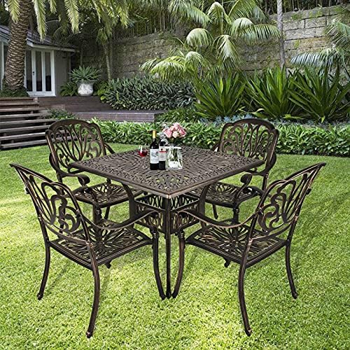 TITIMO 5-Piece Outdoor Patio Dining Set, Cast Aluminum Patio Furniture Set, 4 Chairs and 35.4" Square Table with 2.2”Umbrella Hole, Cast Aluminum Conversation Set for Yard Garden Porch Poolside