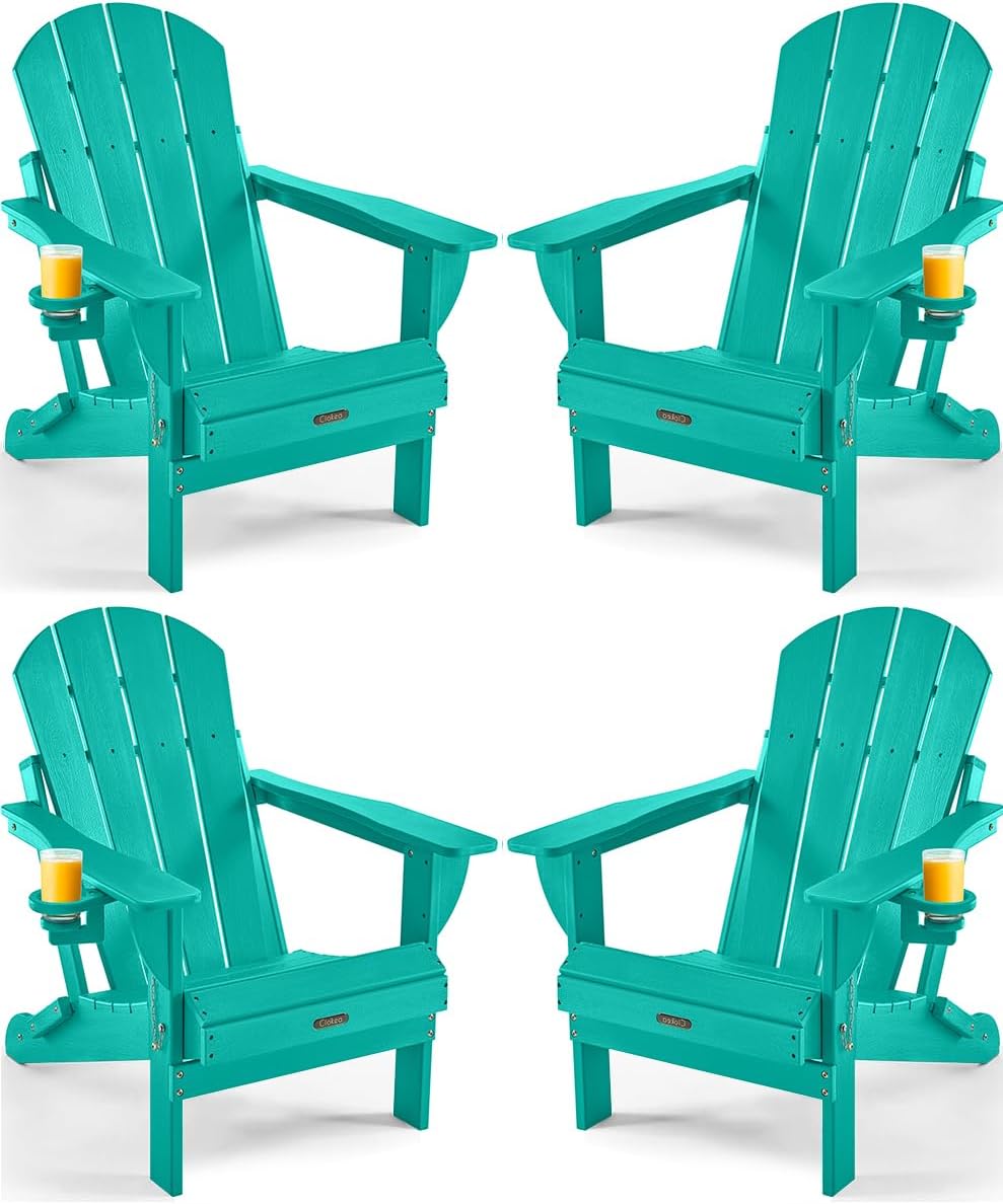 Ciokea Folding Adirondack Chairs Set of 4 HDPE All-Weather, Lake Blue