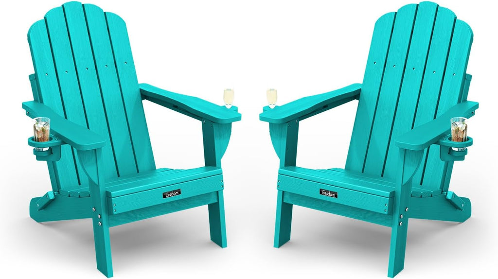 Folding Adirondack Chairs Set of 2, HDPE Outdoor Chair with 2 Cup Holders