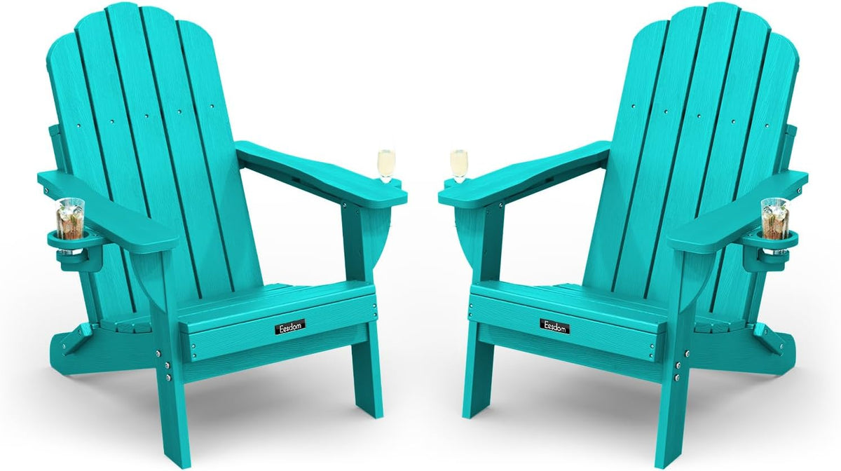 Folding Adirondack Chairs Set of 2, HDPE Outdoor Chair with 2 Cup Holders