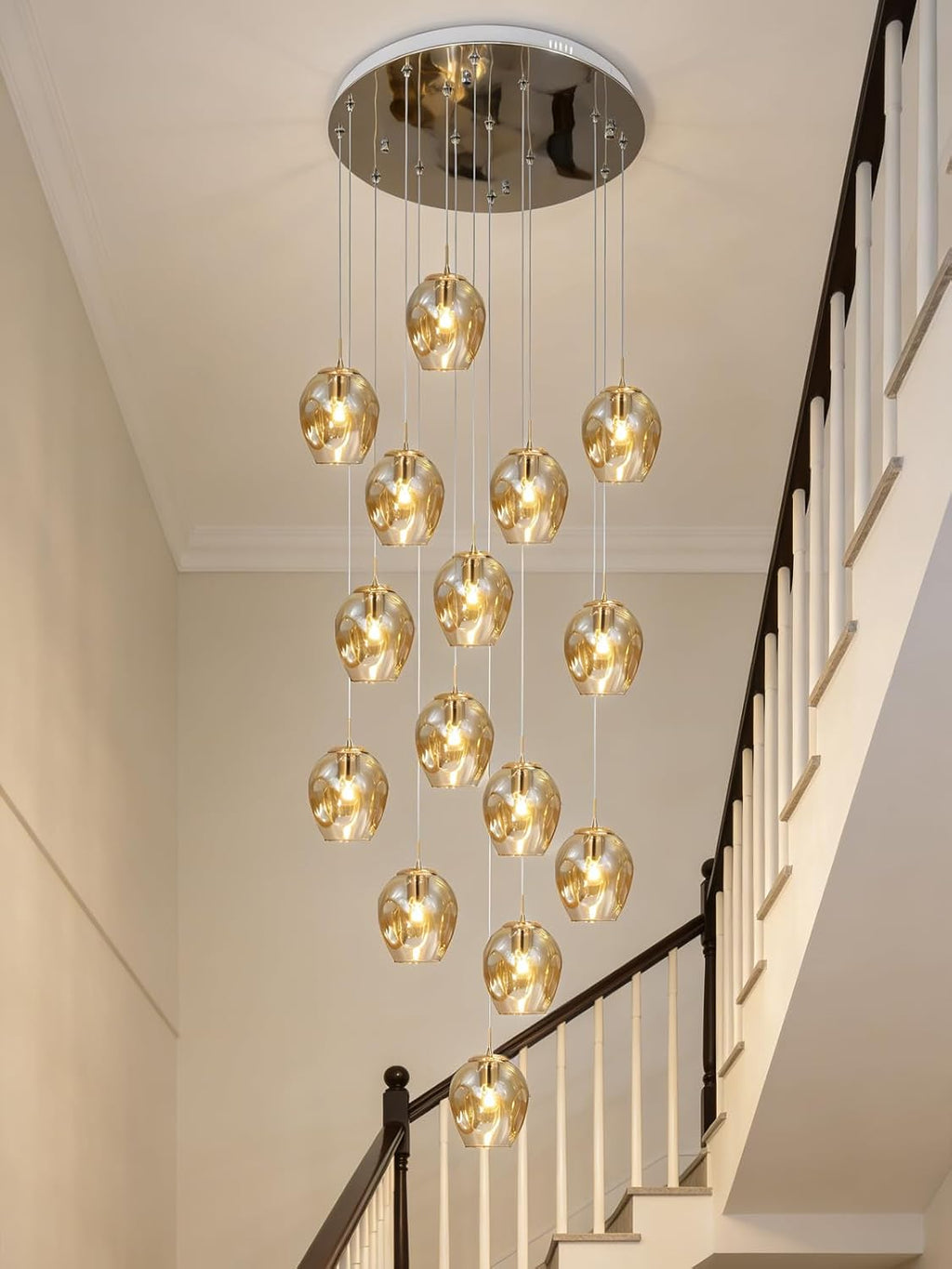 Long Chandeliers for High Ceilings,Modern Crystal Balls Pendant Light,Globe Raindrop Drop Lamp,Flush Mount Hanging Lighting Fixtures for Spiral Staircase,Foyer,Entryway,Living,15 Lights