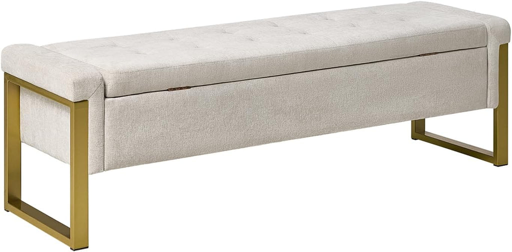 EcoHarbor Living Modern Storage Ottoman Bedroom Bench, End of Bed Bench with Gold Metal Legs, Upholstered Footrest Stool for Living, Dining Room, Entryway and Hallway(Beige 55inch)
