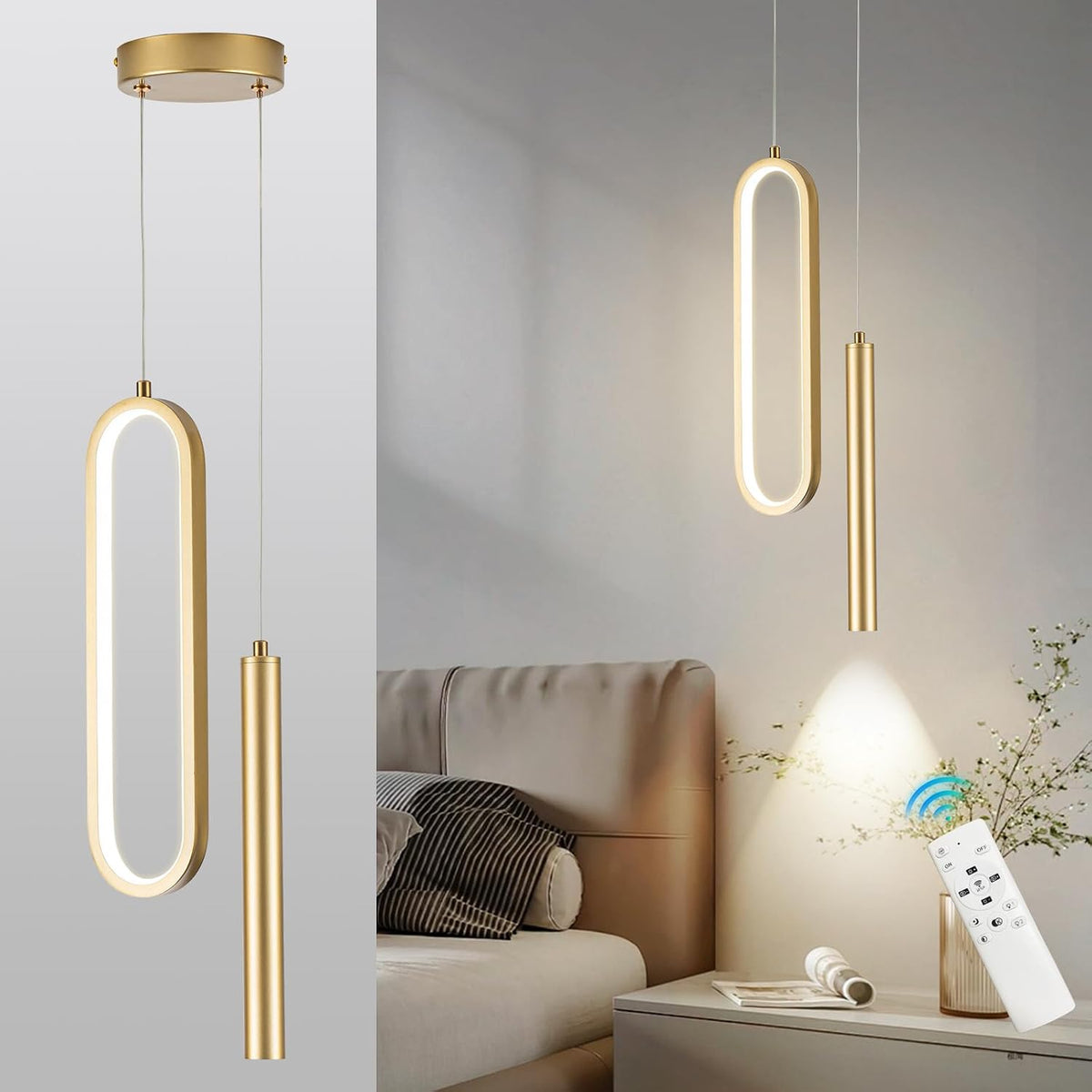 Gold Modern Mini LED Pendant Light with Remote Control, 24W 3-Color Temp Stepless Dimmable Ceiling Hanging Light for Bedroom Kitchen Island Dining Room Foyer Entryway