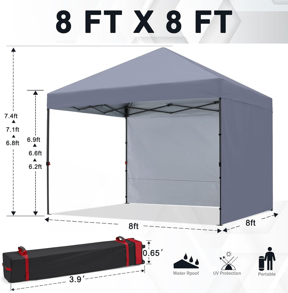 cooshade pop up canopy tent with 2 sidewalls showing dimensions