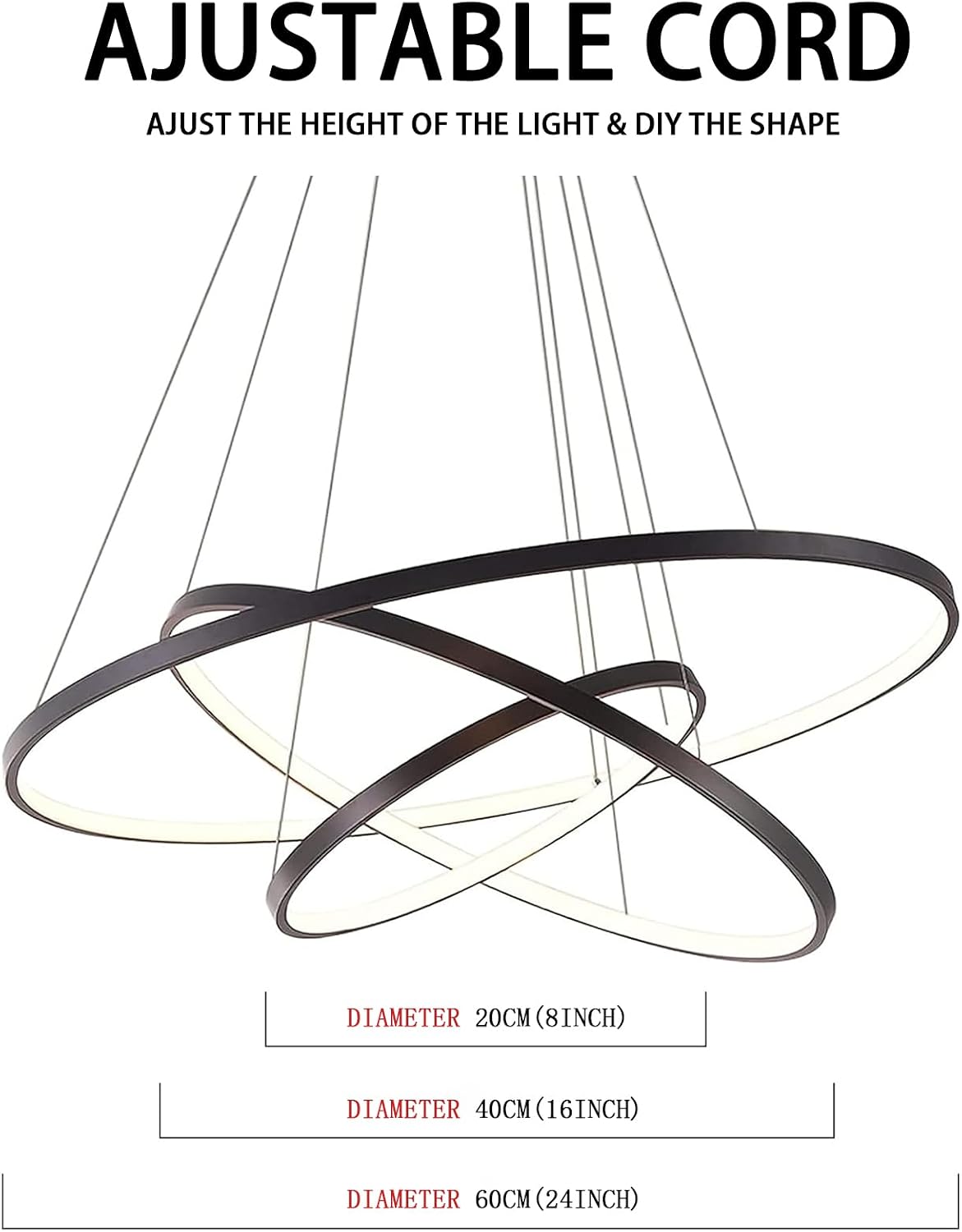 LightInTheBox Modern LED Pendant Light 3 Ring Chandeliers Black Circle Pendant Light Fixtures for Living Room Dinning Room Office (Light Source: Warm White)