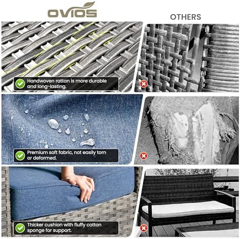 ovios Patio Furniture Set, 5 Pieces Outdoor Wicker Sofa Couch with Chairs, Ottomans and Comfy Cushions, All Weather High Back Rattan Conversation Set, Denim Blue