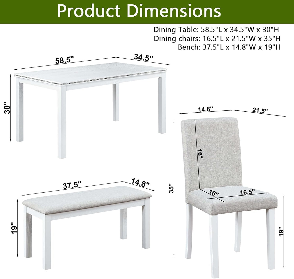 LUMISOL 6-Piece Dining Table Set for 6, Solid Wood Kitchen Table Set with 4 Upholstered Chairs & Bench for Kitchen, Dining Room, Living Room, White
