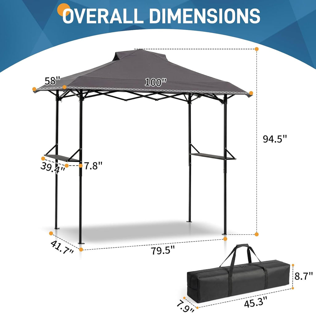 VINGLI 8x5 Pop Up Grill Gazebo BBQ Gazebo with 2 Side Shelves, Outdoor Grill Canopy BBQ Canopy Adjustable Height, Grilling Pergola for Patio Garden (Gray)