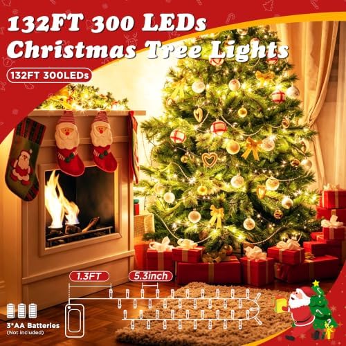 Quntis Battery Powered String Lights Outdoor, 132FT 300 LED Indoor Christmas Tree Lights Waterproof with 8 Modes and Timer for Halloween Patio Balcony Garden, Warm White