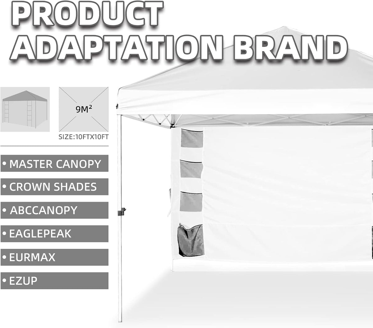Sunshade Sidewall with Storage Net Bag for 10x10 Pop Up Canopy, Instant Waterproof Straight Leg Canopy Storage Function Sidewalls, 1 Pack Only (Spliceable, Black EVO)