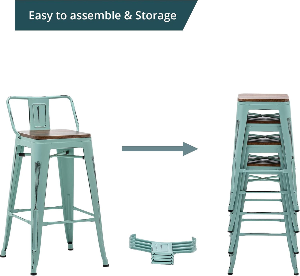 Andeworld Bar Stools Set of 4, 26" Distressed Barstools, Green Blue
