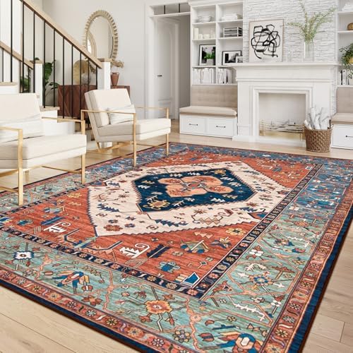 Lahome Area Rugs 9x12 Living Room - Boho Non-Slip Washable Rug Ultra-Thin Stain Resistant Large Carpet Throw Non Shedding Dining Room Mat, Oriental Print Carpet for Bedroom Adelyn (Rust, 9'x12')