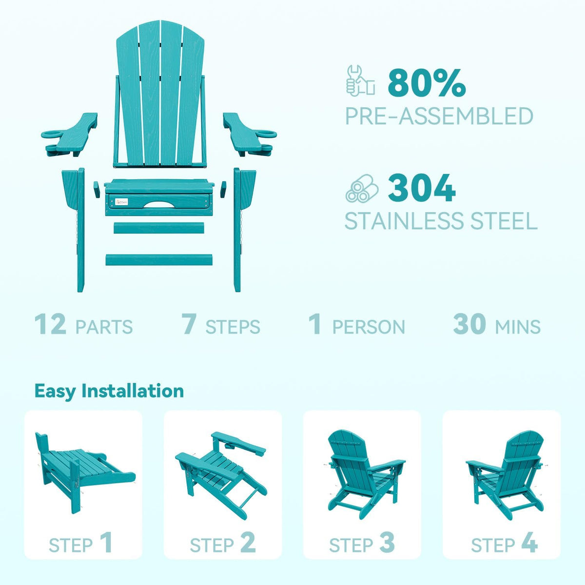 Mdeam HDPE Folding Adirondack Chair, 3-Level 400 lbs Cup Holders,Aruba Blue