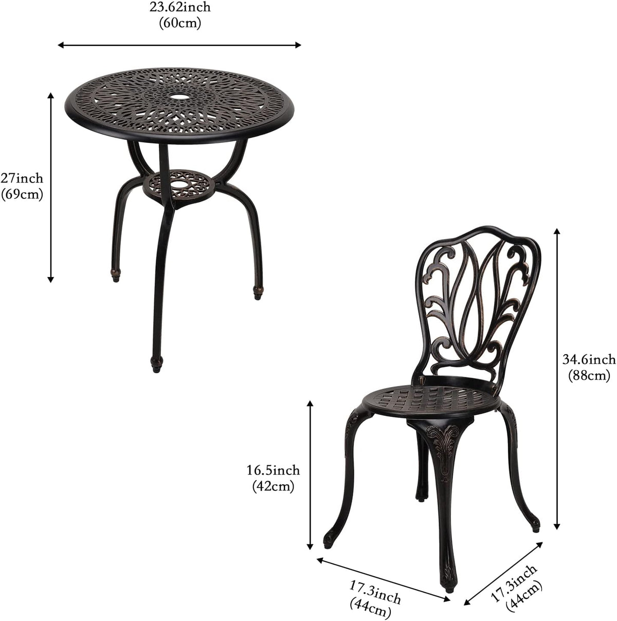 yksy&yksy 3-piece patio bistro furniture set cast-aluminum bistro, close-up detail