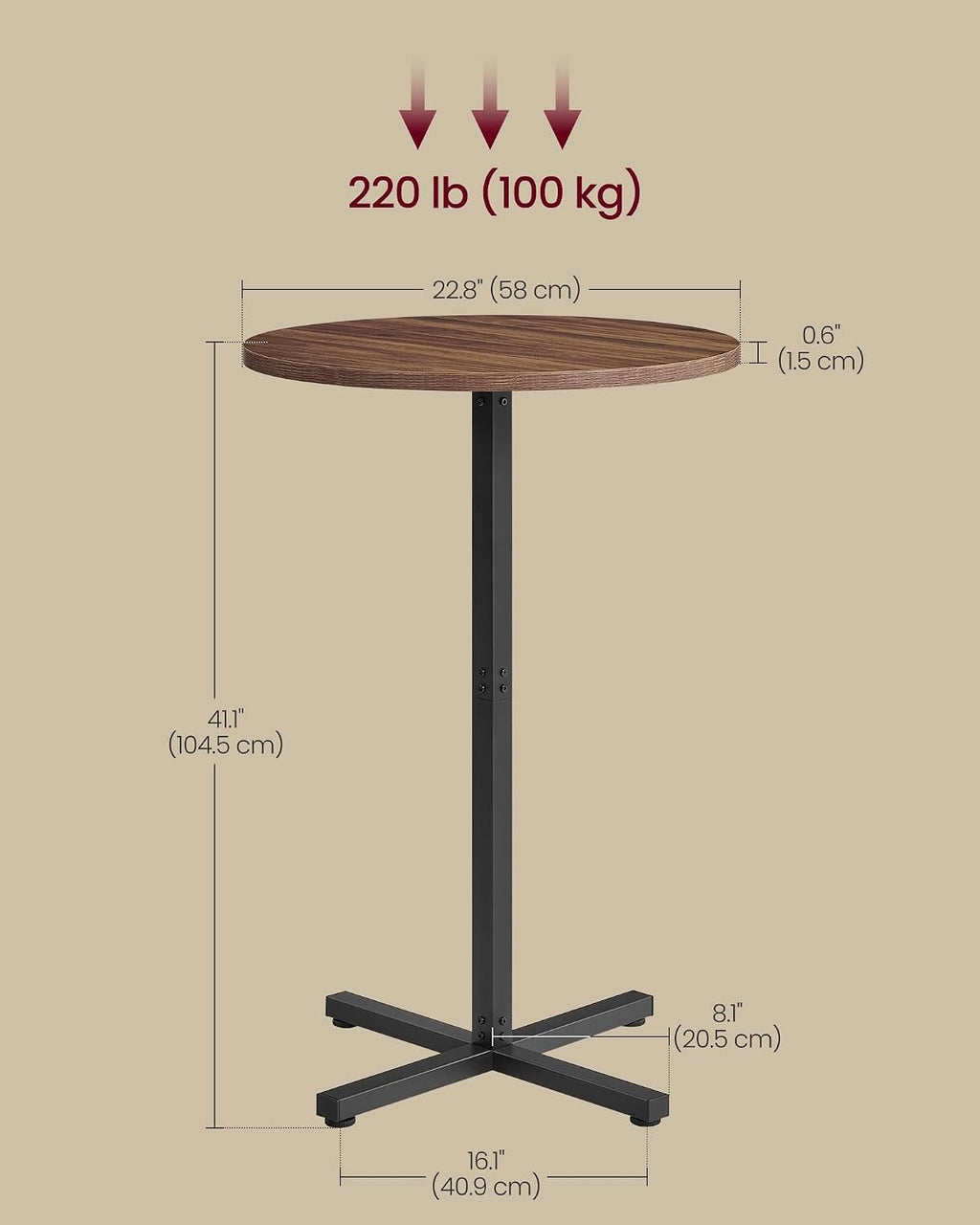 VASAGLE Round Bar Table, High Top Bar Pub Table, Metal Frame and Cross Base