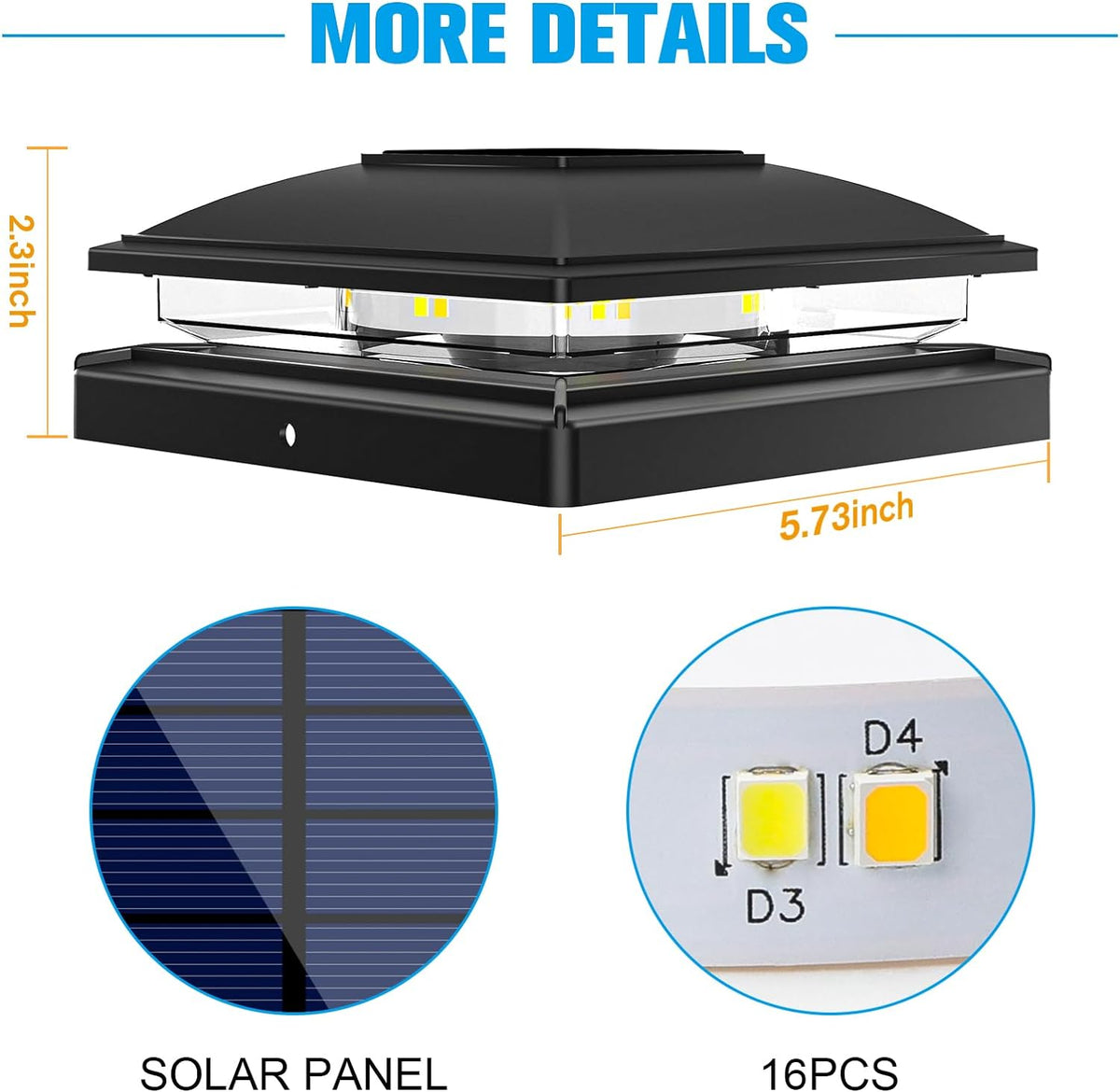 volisun black solar post cap lights, warm white showing dimensions