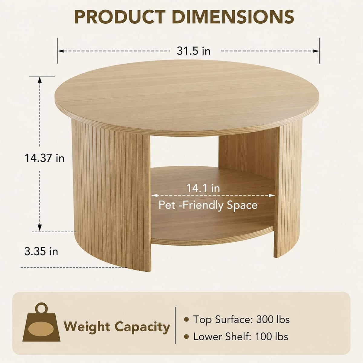 Round Coffee Table with Storage, 31.5" Modern Fluted Center Table, 2-Tier Mid Century Coffee Table, Wood Circle Table for Living Room, Home Office, Small Space, Oak