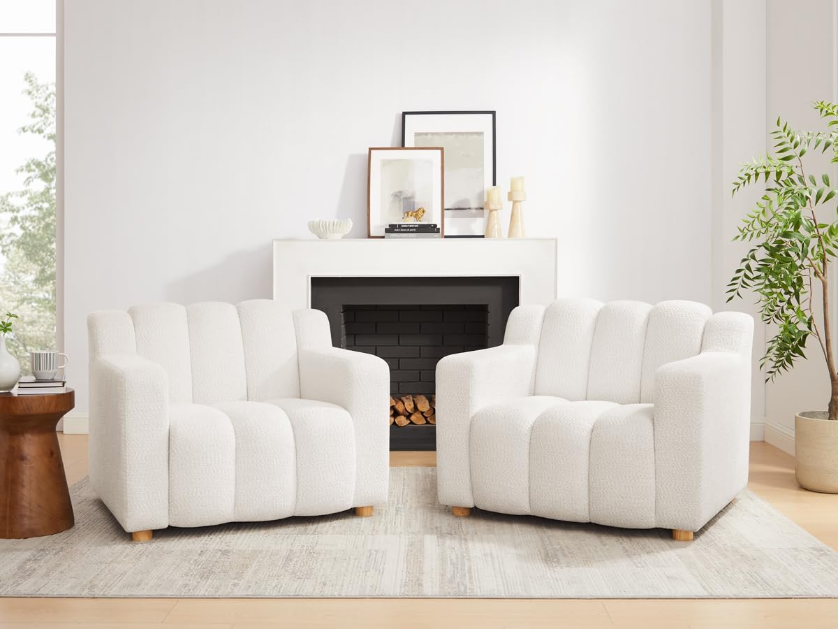 VANOMi Oversized Accent Chair for Living Room, Boucle White, Set of 2