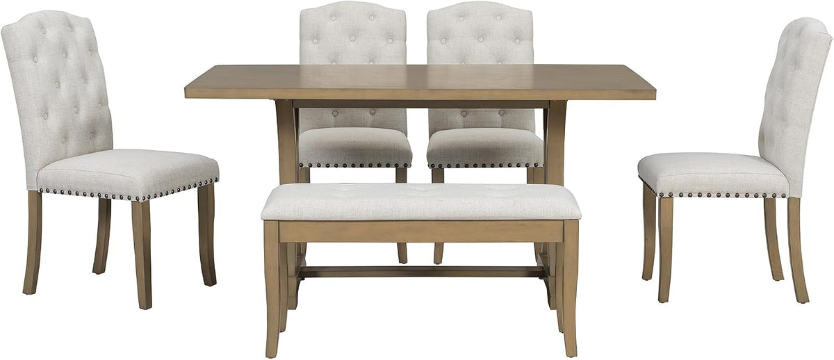 Harper & Bright Designs Classic and Traditional Style 6 - Piece Dining Set, Includes Dining Table, 4 Upholstered Chairs & Bench (White+Gray) (White+Gray) (Natural Wood Wash1)