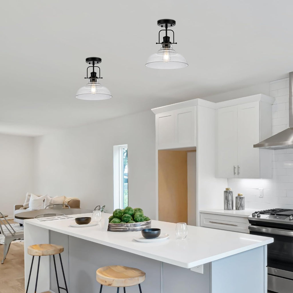 WILON Black Semi Flush Mount Ceiling Lights, Kitchen Lighting Fixtures with Seeded Glass Shade, Farmhouse Ceiling Lights for Kitchen Hallway Entryway Foyer Laundry Room