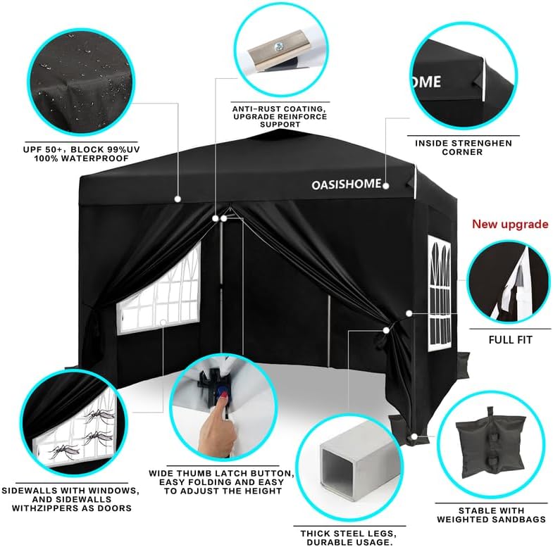 OASISHOME Pop-up Gazebo Instant Portable Canopy Tent 10'x10', with 4 Sidewalls, Windows, Wheeled Bag, for Patio/Outdoor/Wedding Parties and Events (10FTx10FT, Black)