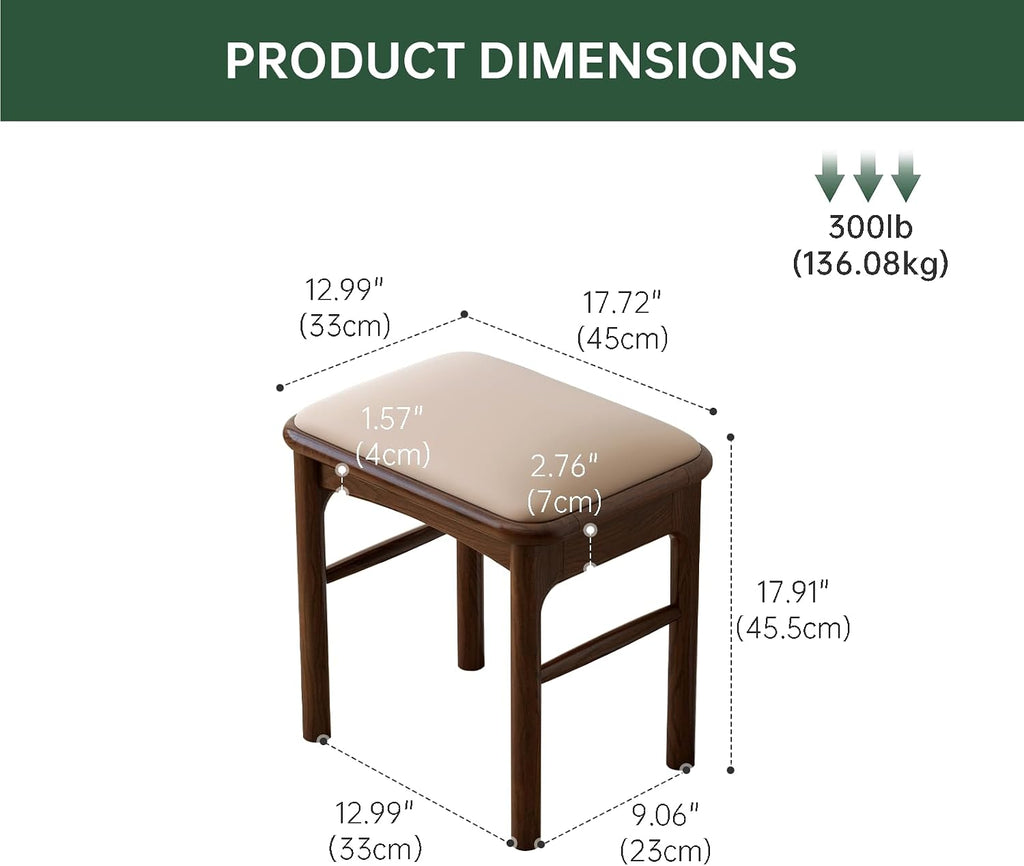 Upholstered Stool with Solid Wood Leg, Leather Padded Dining Ottoman Walnut Footrest Stool Bench Seat for Entryway Kitchen, 1pc