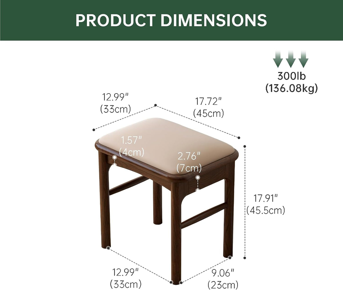 Upholstered Stool with Solid Wood Leg, Leather Padded Dining Ottoman Walnut Footrest Stool Bench Seat for Entryway Kitchen, 1pc