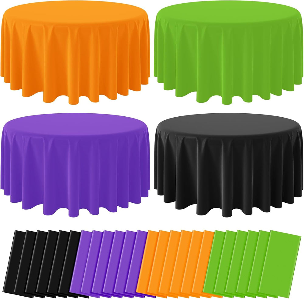 MASHAN 24Pcs 84inch Round Halloween Tablecloth Orange Black Purple Green