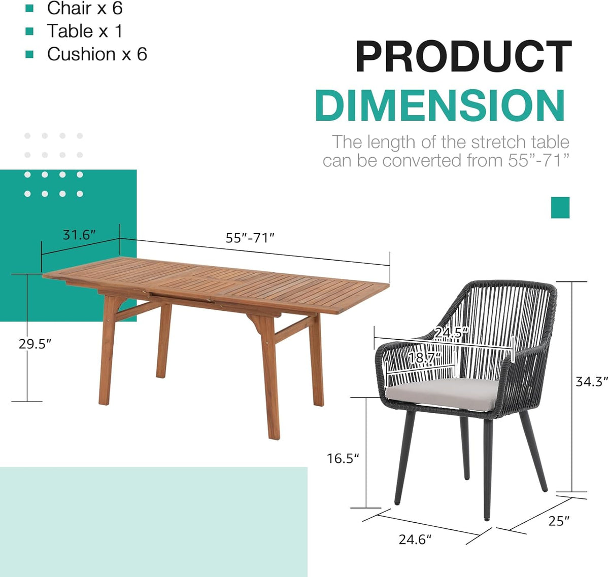 Patiorama 7 Piece Outdoor Dining Set, 55"-71" Wood Expandable Table, Black