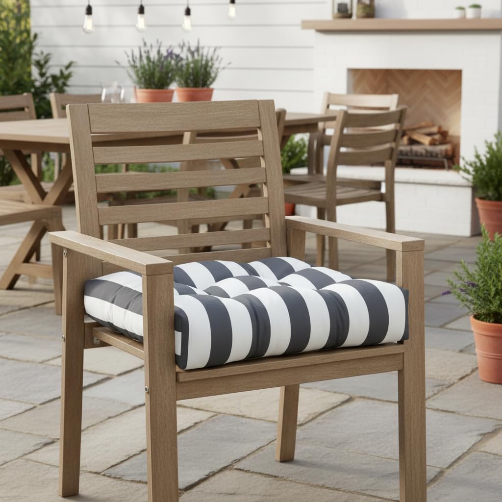 20x20 Square Tufted Outdoor Seat Cushion, Reversible Patio Chair Cushion with Ties, Durable Polyester Fabric, Eco-Friendly Recycled Fill, Weather-Resistant – Canopy Stripe Gray, Single