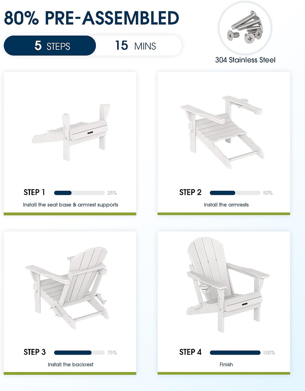 MUCHENGHY Folding Adirondack Chair HDPE for Fire Pit Outdoor, White