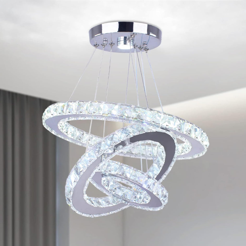3-Ring Crystal Pendant Light, Adjustable LED, Cool White