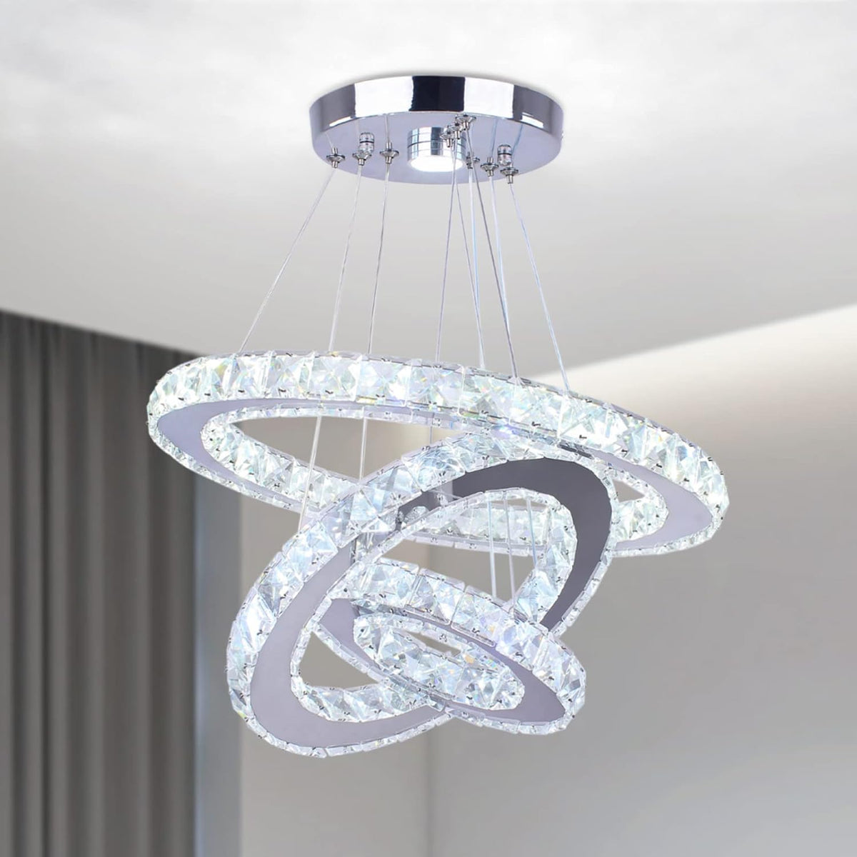 3-Ring Crystal Pendant Light, Adjustable LED, Cool White
