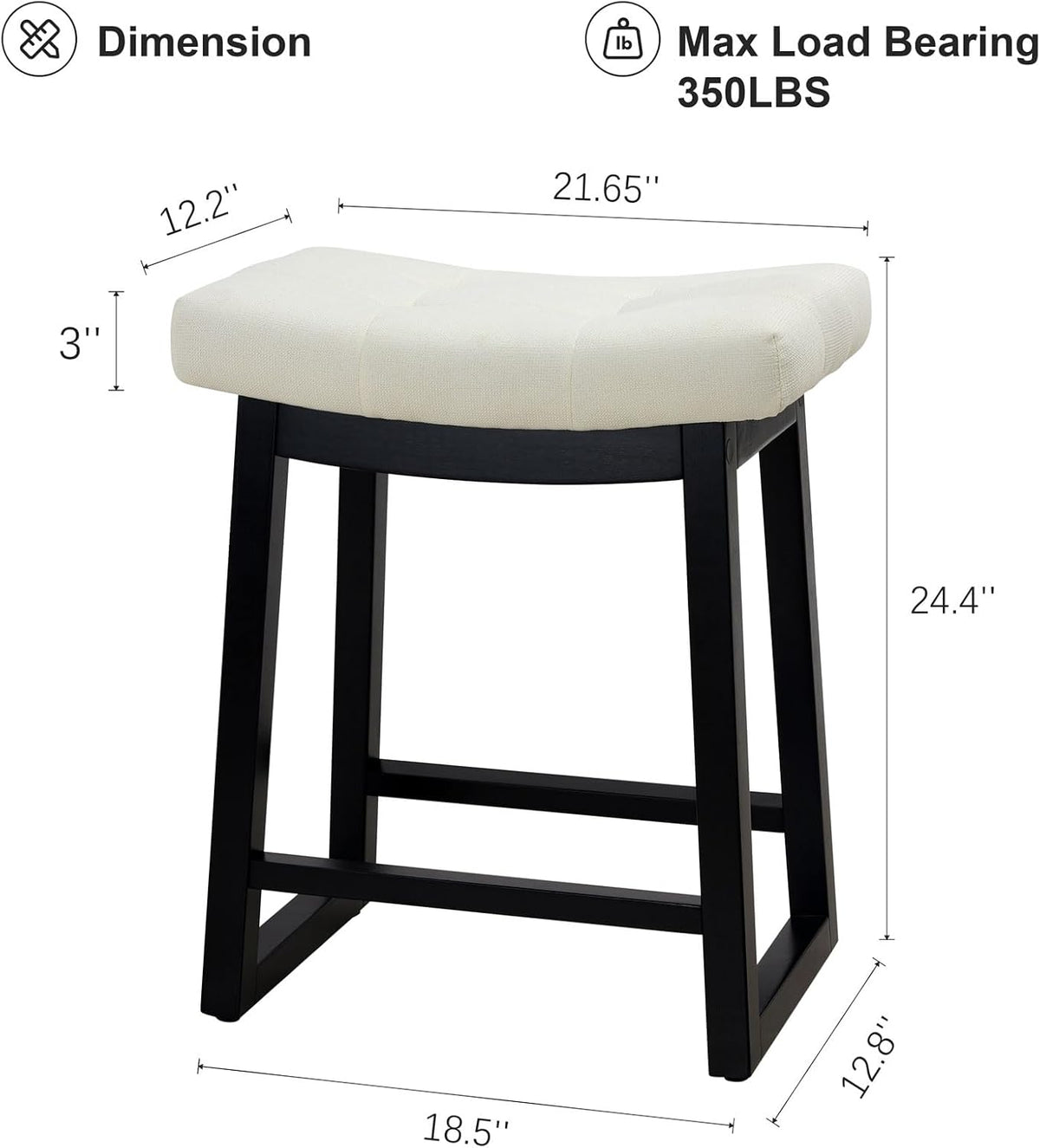 Counter Height Bar Stools Set of 3, 24 Inch Backless Upholstered Counter Stools with Solid Rubberwood Legs, Modern Farmhouse Saddle Stools for Kitchen Island, Home Bar, White Linen Fabric
