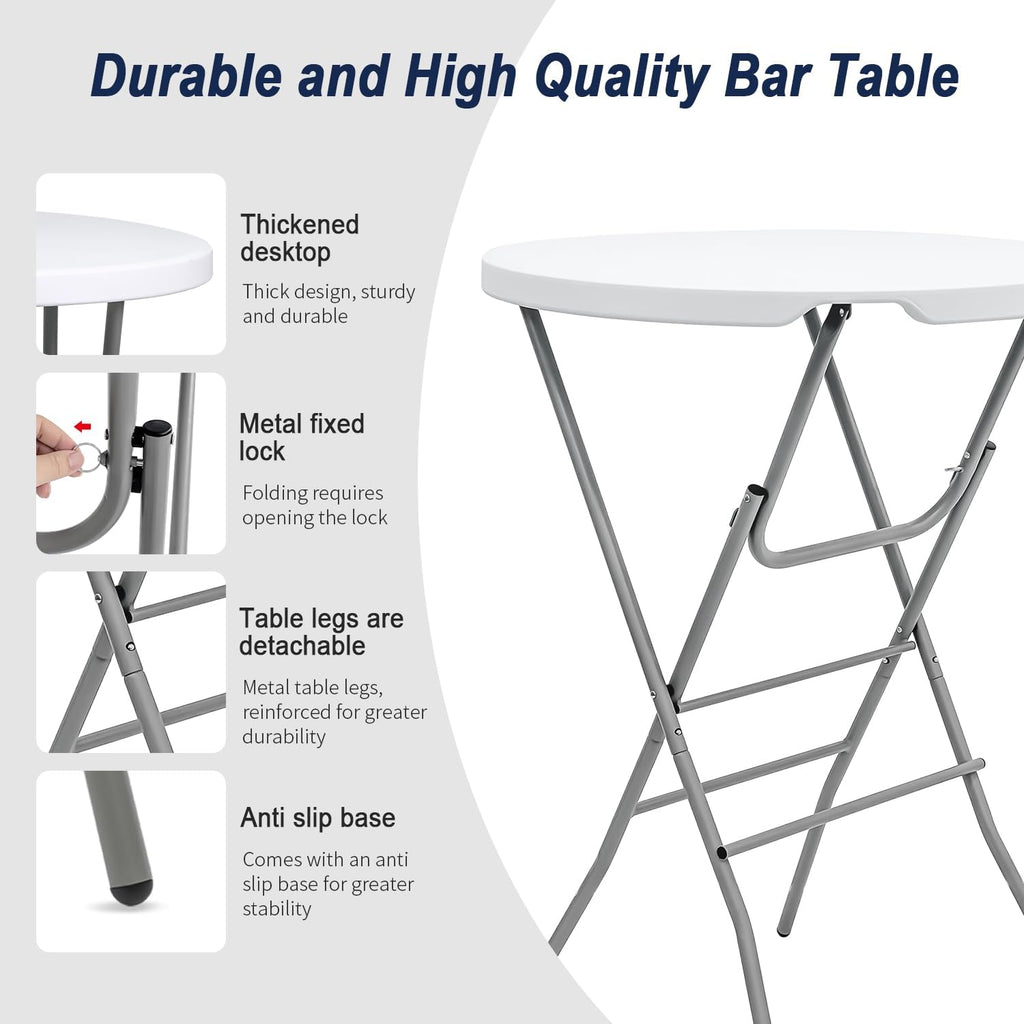 31.5" L X 31.5" W X 43" H - Cocktail Table White High Top Folding Table, Portable Bar Height Folding Table Round with Detachable Gray Legs