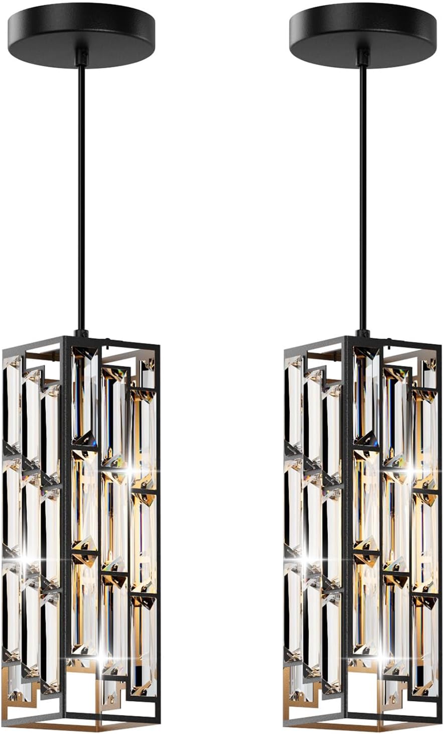 Modern 1-Light Crystal Pendant Light Kitchen Island, Black, 2-Pack