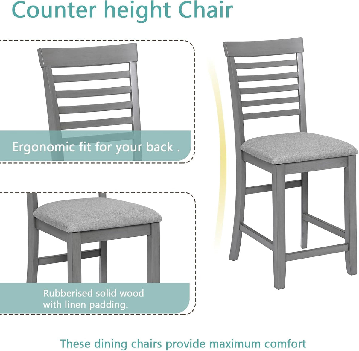 LUMISOL 5-Piece Dining Table Set for 4, Farmhouse Counter Height Kitchen Dining Table Set with 4 Upholstered Chairs for Kitchen, Dining Room, Home Bar, Grey