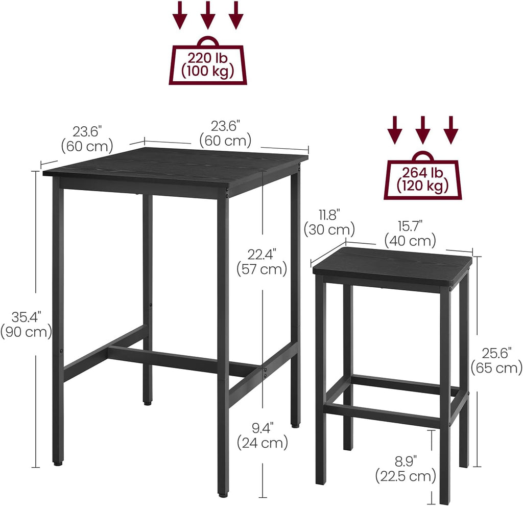 VASAGLE Bar Table and Chairs Set, Square, with 2 Stools, Space Saving
